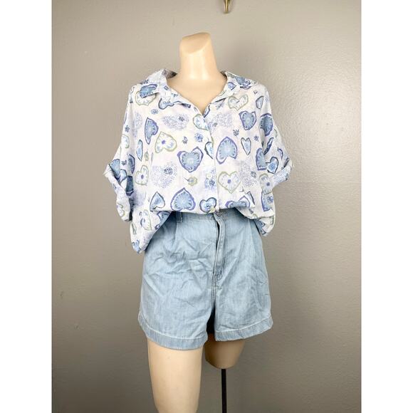 Vintage 80s 90s Heart Floral Novelty Print Button Front Plus Lightweight Top - Picture 1 of 14